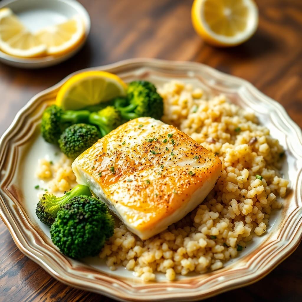 Zesty Lemon-Garlic Baked Cod with Roasted Broccoli and Quinoa