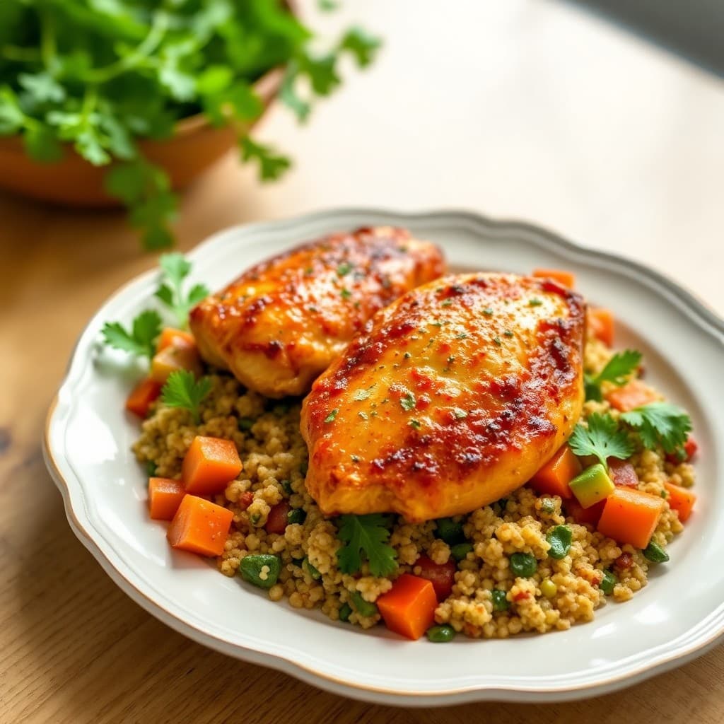 Zesty Mediterranean Baked Chicken Thighs with Roasted Veggie Quinoa