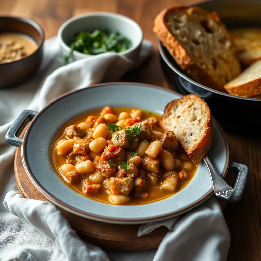 Spanish Saffron Seitan & White Bean Stew with Crispy Garlic Bread