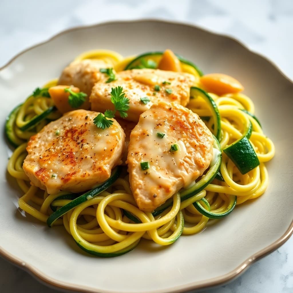 Sautéed Chicken and Zucchini Noodles with Lemon Garlic Sauce