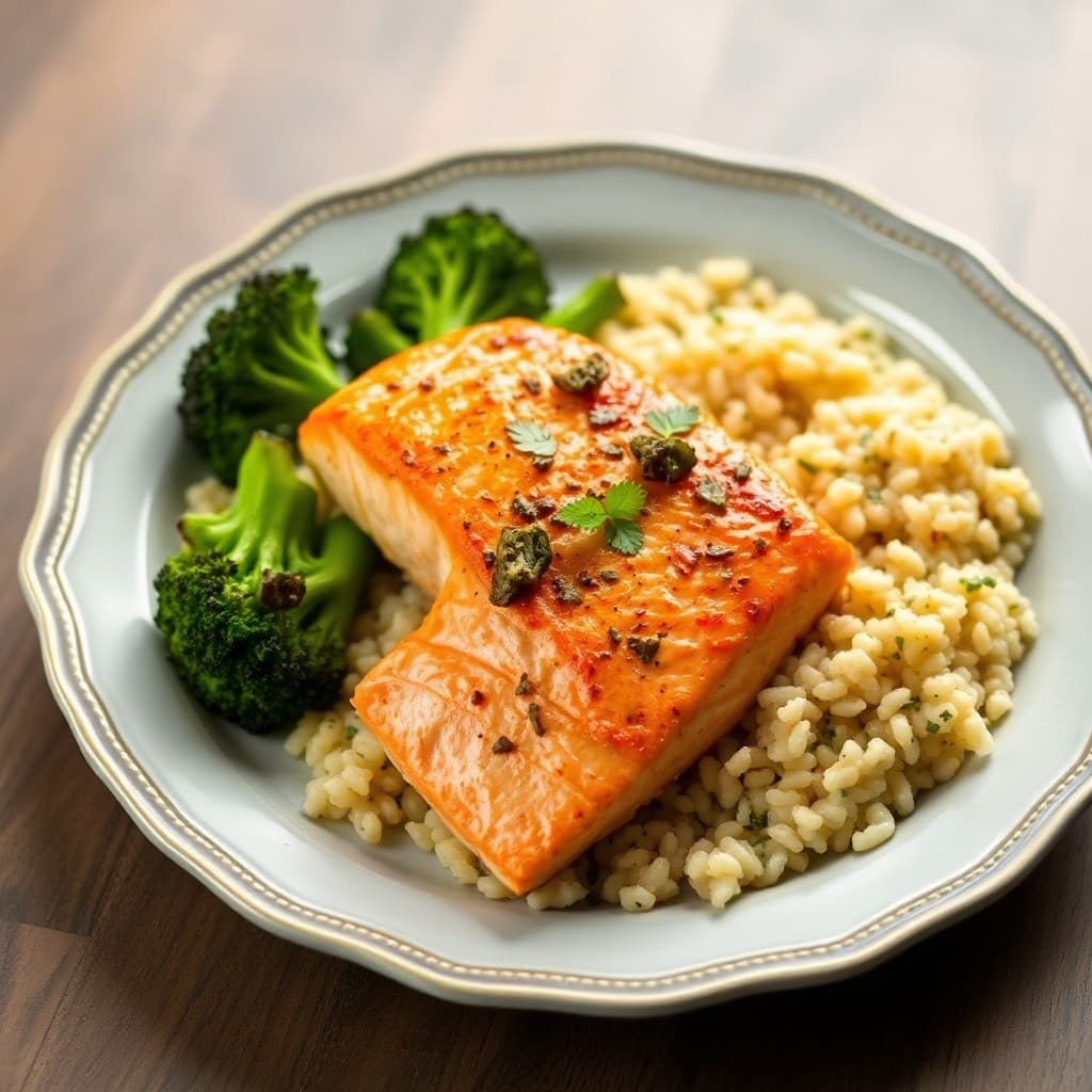 Seared Chili-Lime Salmon with Roasted Garlic Broccoli and Quinoa