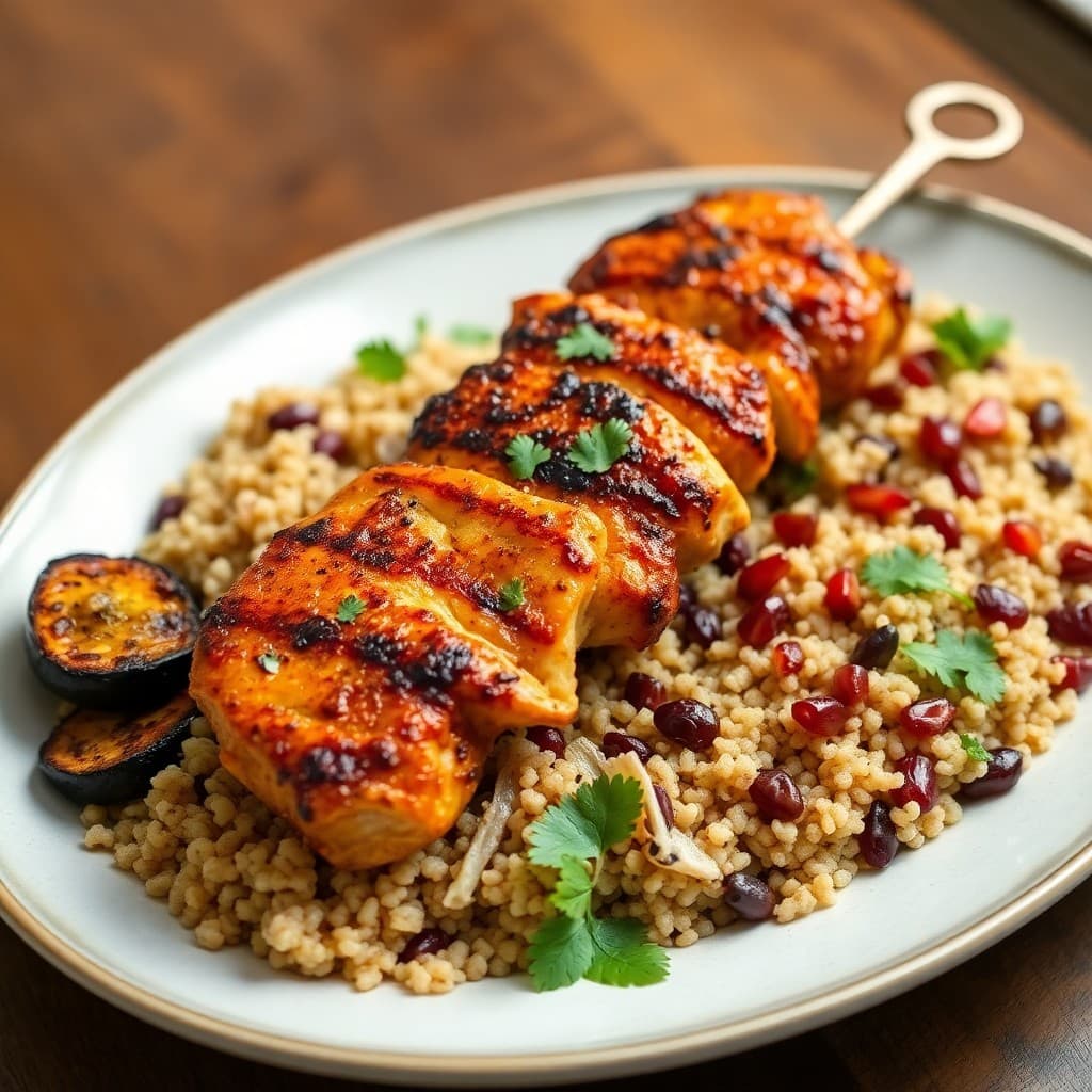 Turkish-Spiced Grilled Chicken Kebab with Charred Eggplant & Bulgur Pilaf