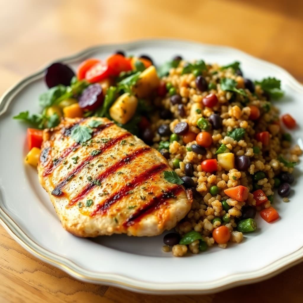 Grilled Lemon-Herb Chicken with Roasted Veggie Quinoa Salad