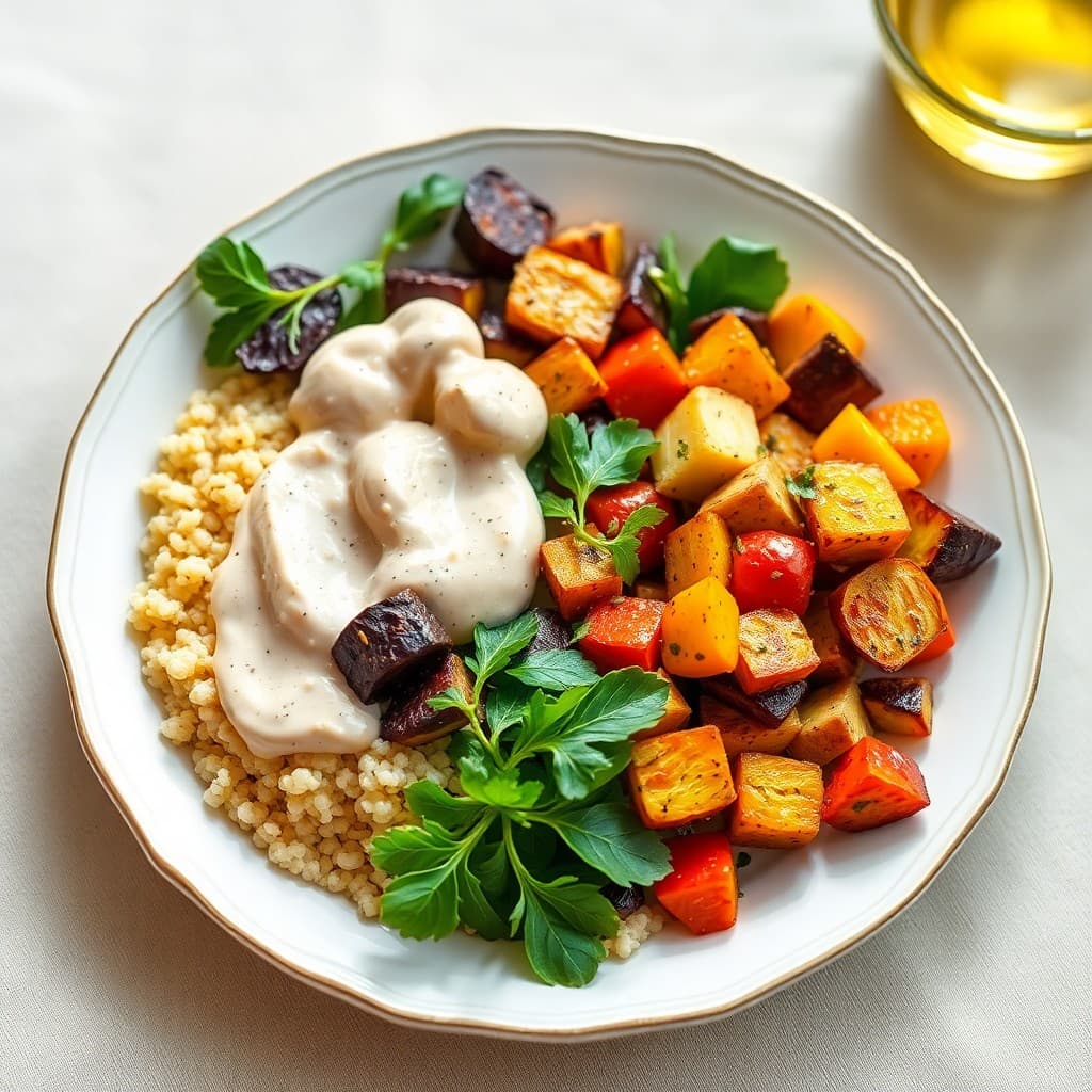 Roasted Winter Vegetable Bowl with Quinoa and Tahini Dressing