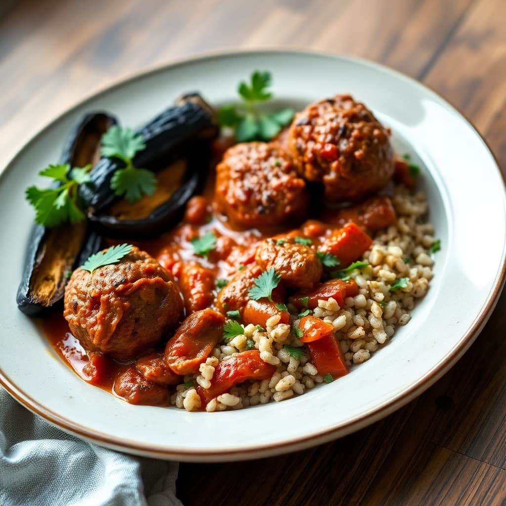 Braised Lamb Köfte with Charred Eggplant & Herbed Bulgur Pilaf