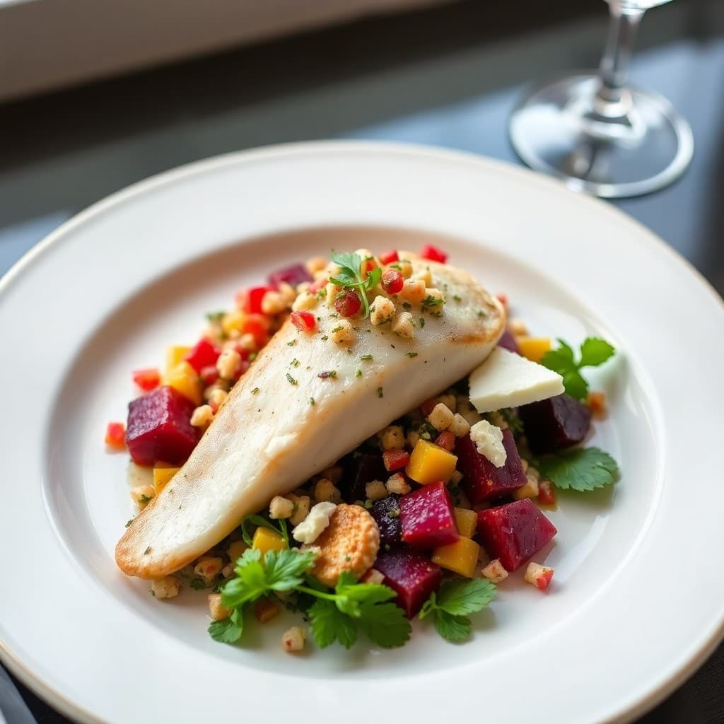 Herb-Poached Branzino with Tabbouleh & Roasted Beet Salad