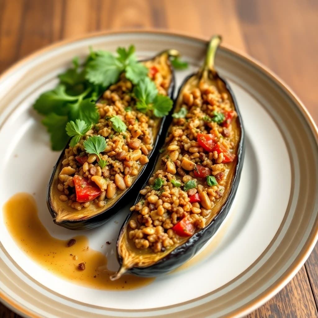 Lentil and Quinoa Stuffed Eggplant Boats