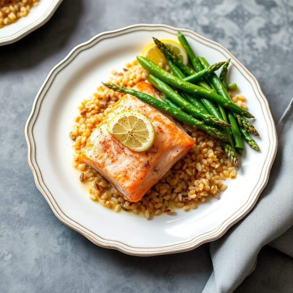 Baked Lemon-Garlic Salmon with Roasted Asparagus and Barley