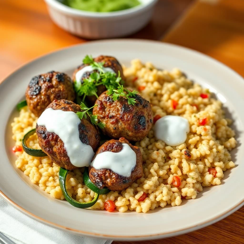 Turkish Pan-Seared Lamb Köfte with Charred Zucchini & Freekeh Pilaf