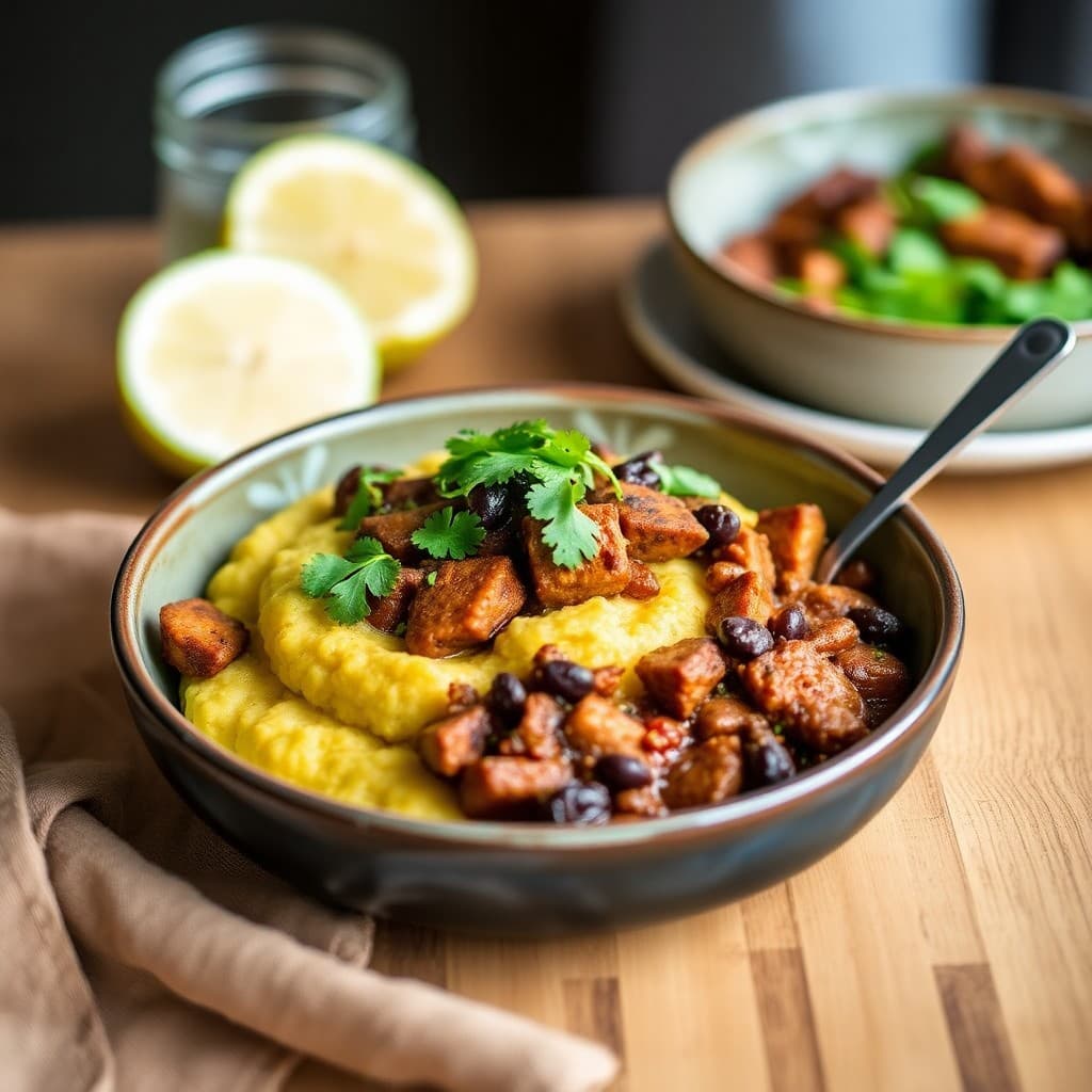 Brazilian Black Bean & Crispy Tempeh Feijoada with Cilantro-Lime Polenta